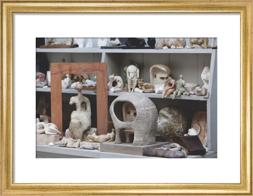 Plaster maquettes on the shelves in Henry Moore's Bourne Maquette Studio, Perry Green