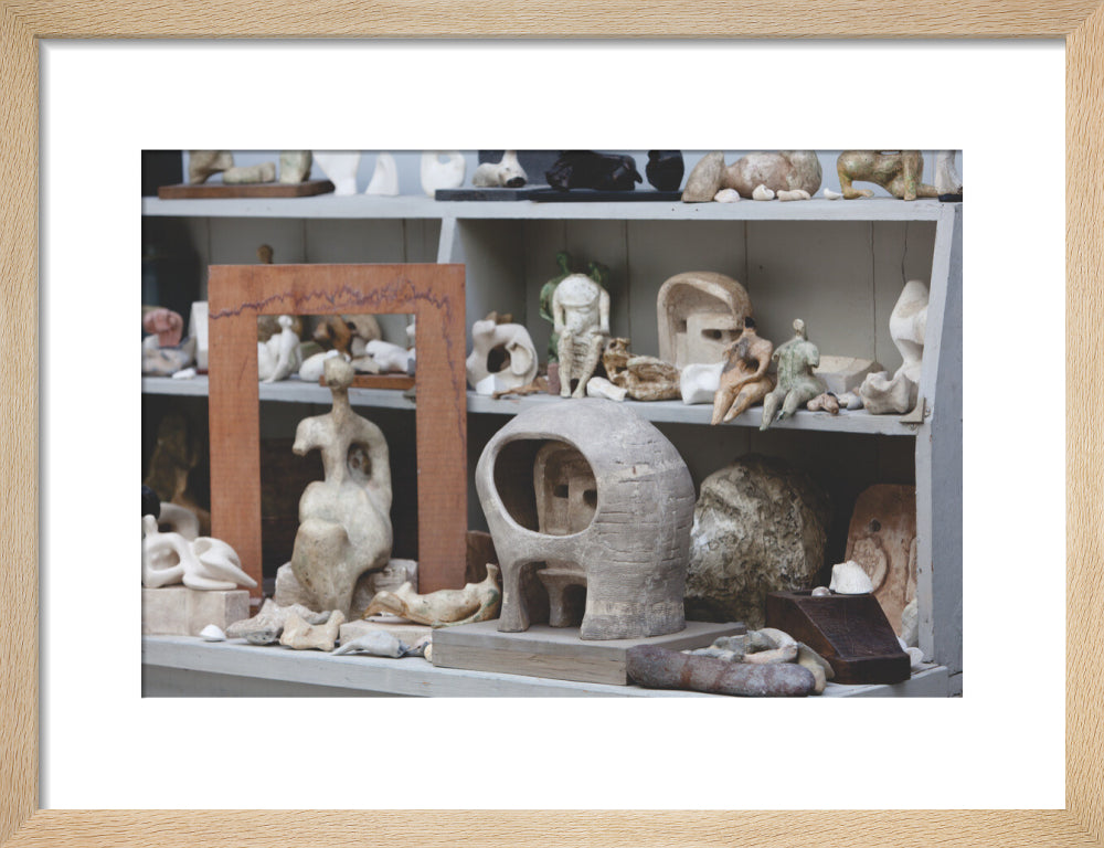 Plaster maquettes on the shelves in Henry Moore's Bourne Maquette Studio, Perry Green