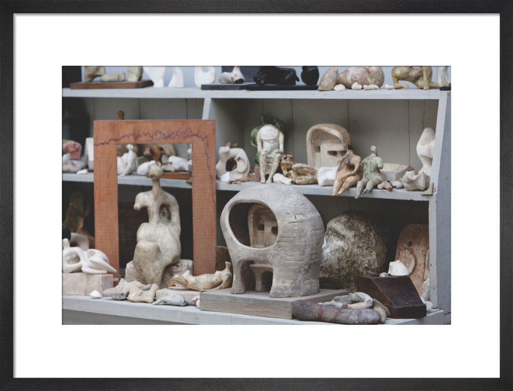 Plaster maquettes on the shelves in Henry Moore's Bourne Maquette Studio, Perry Green