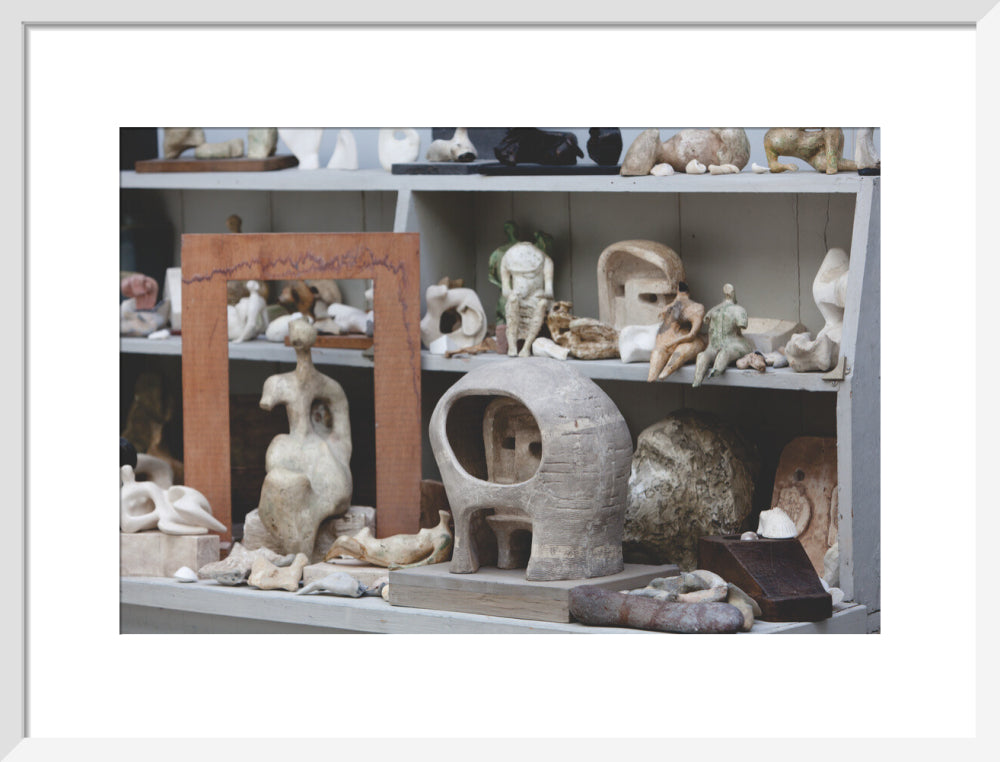 Plaster maquettes on the shelves in Henry Moore's Bourne Maquette Studio, Perry Green