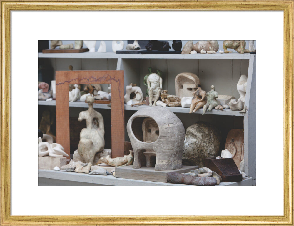Plaster maquettes on the shelves in Henry Moore's Bourne Maquette Studio, Perry Green