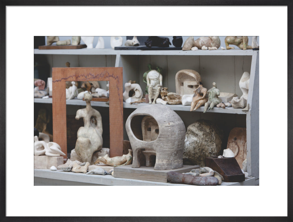 Plaster maquettes on the shelves in Henry Moore's Bourne Maquette Studio, Perry Green