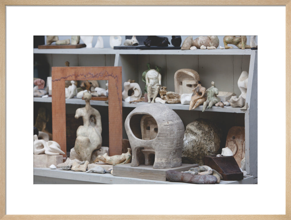 Plaster maquettes on the shelves in Henry Moore's Bourne Maquette Studio, Perry Green