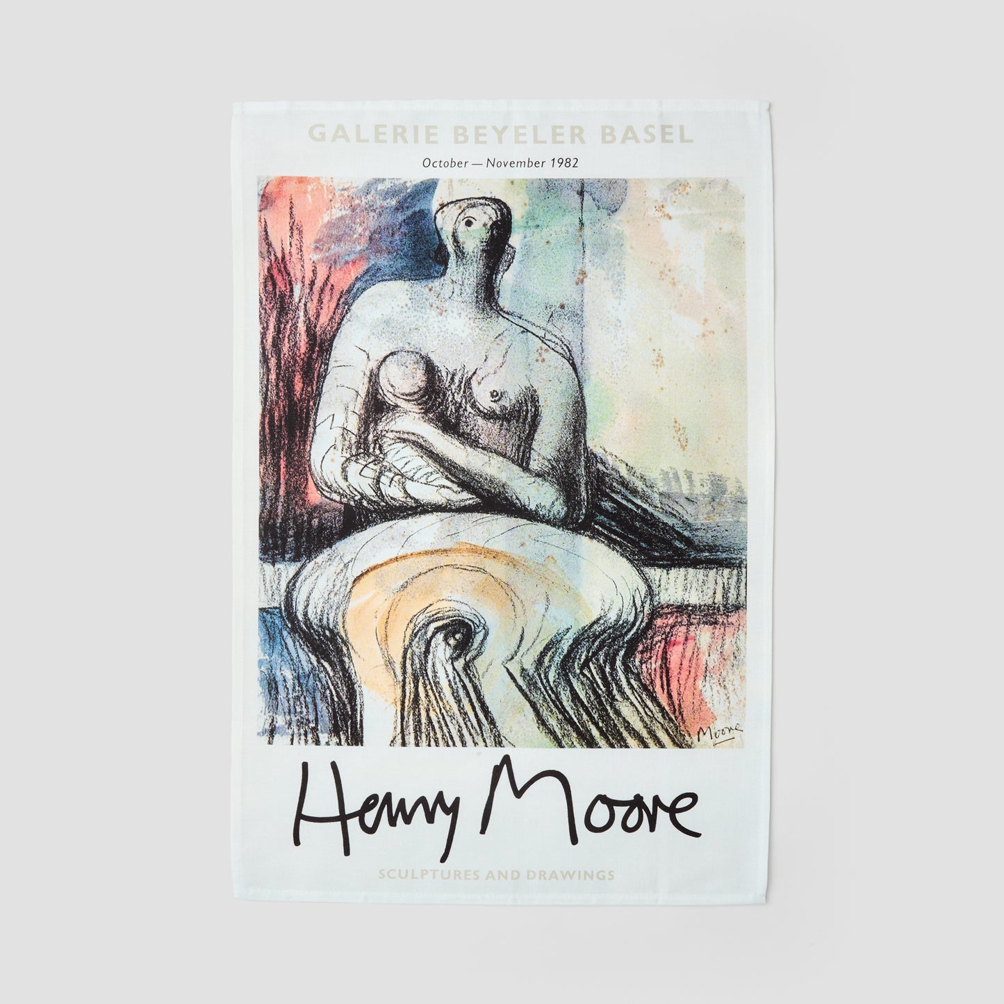 Tea Towel •	Reproduction of an original poster design for Henry Moore: Sculptures and Drawings, Galerie Beyeler, Basel, 1982