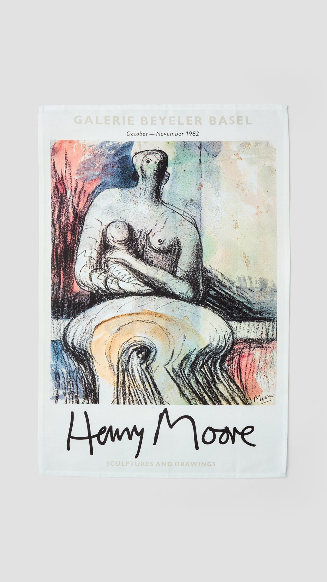 Tea Towel •	Reproduction of an original poster design for Henry Moore: Sculptures and Drawings, Galerie Beyeler, Basel, 1982