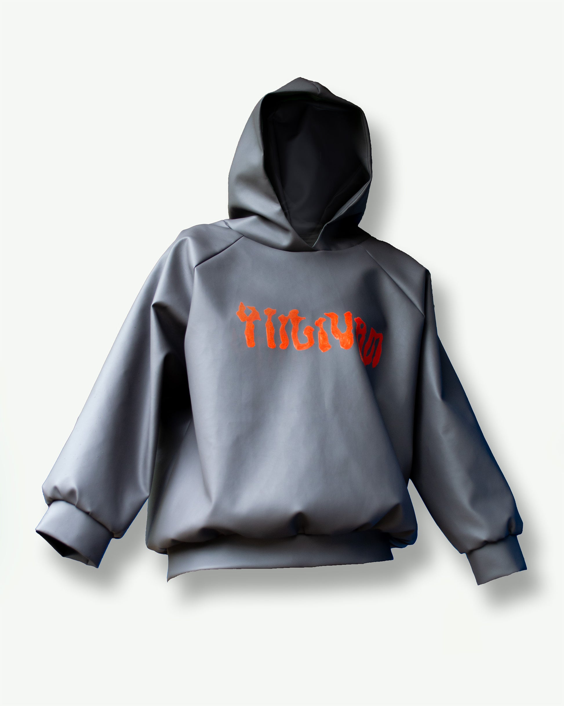 Gray hoodie with orange text on a light gray background