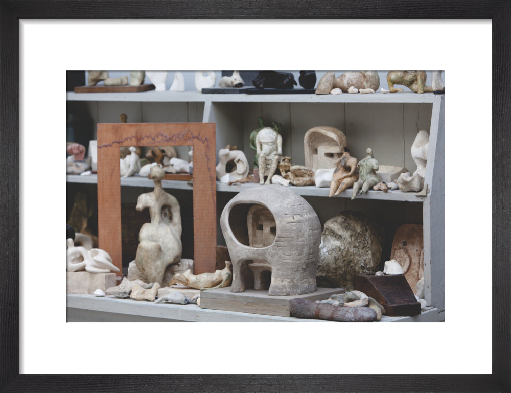 Plaster maquettes on the shelves in Henry Moore's Bourne Maquette Studio, Perry Green