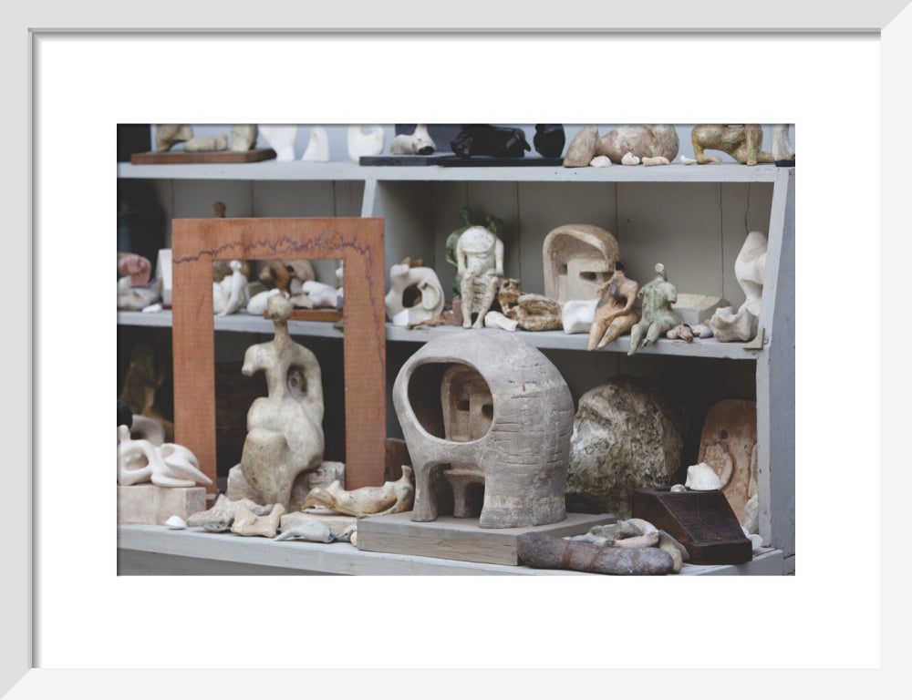 Plaster maquettes on the shelves in Henry Moore's Bourne Maquette Studio, Perry Green